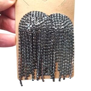 Sparkling Silver/Black Rhinestone Fringe Earrings
